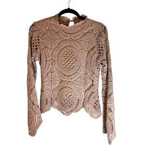 Ultra Pink Beige/Pink Crochet Lace Mock Neck Bell Sleeve Top Women's Size S